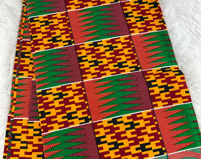 Kente African Fabric: 6 Yards Cotton Ankara Print with Headwrap