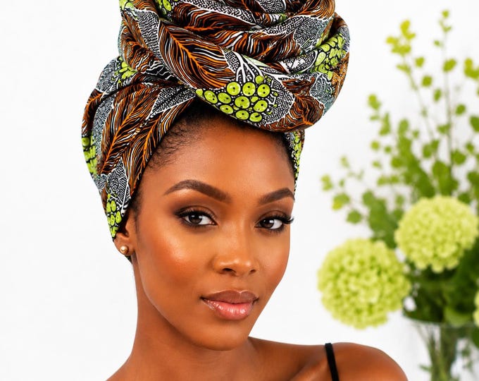 Green Brown African Print Headwrap,African Headwrap 22 x 72 Inches, Ankara Head Wrap for Women, African Print Hair Scarf, Long Cott