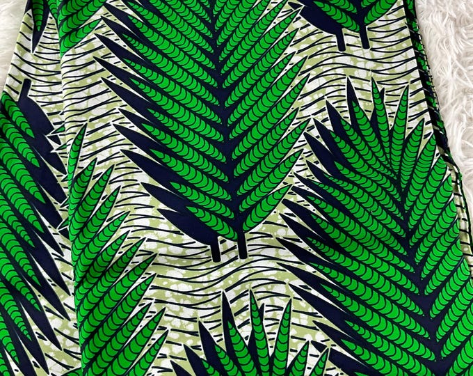 Green Leaf African Print Fabric, Ankara Cotton, 6 Yards with Headwrap