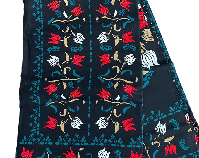Black & Red Floral Ankara Fabric: 6 Yards Cotton African Print with Headwrap