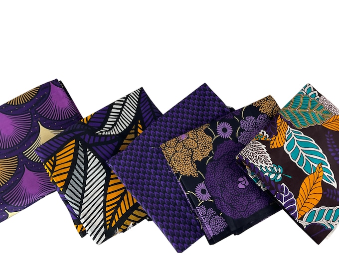 Purple Gold African Print Fat Quarters 5 Pieces/Ankara Fat Quarters Set Of 5/Quilting Fat Quarters