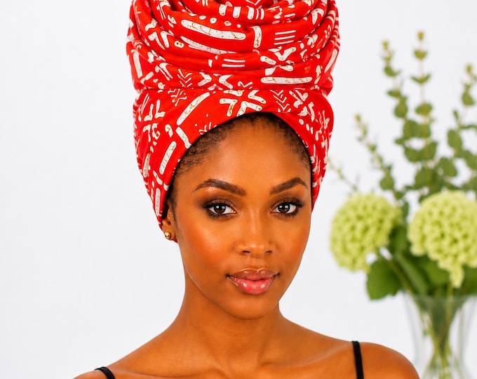 Red White African Print Headwrap,African Headwrap 22 x 72 Inches, Ankara Head Wrap for Women, African Print Hair Scarf, Long Cott