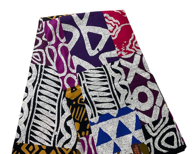 African Ankara Fabric, Green Blue Yellow Patchwork Wax Print, 6 Yards Cotton Fabric