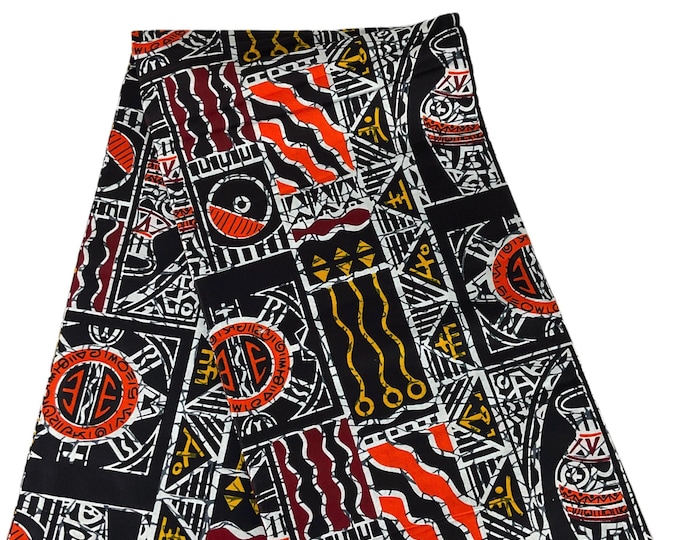 African Ankara Fabric, Black White Orange Wax Print, 6 Yards