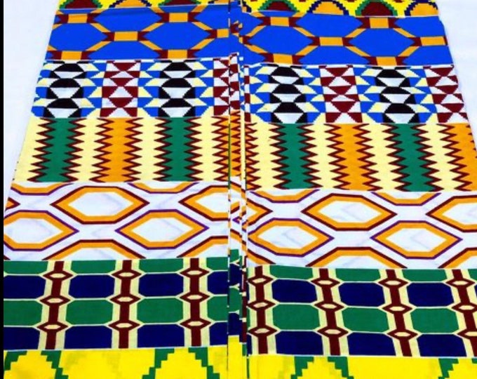 Yellow & Blue Kente African Print Fabric with Headwrap, 6 Yards