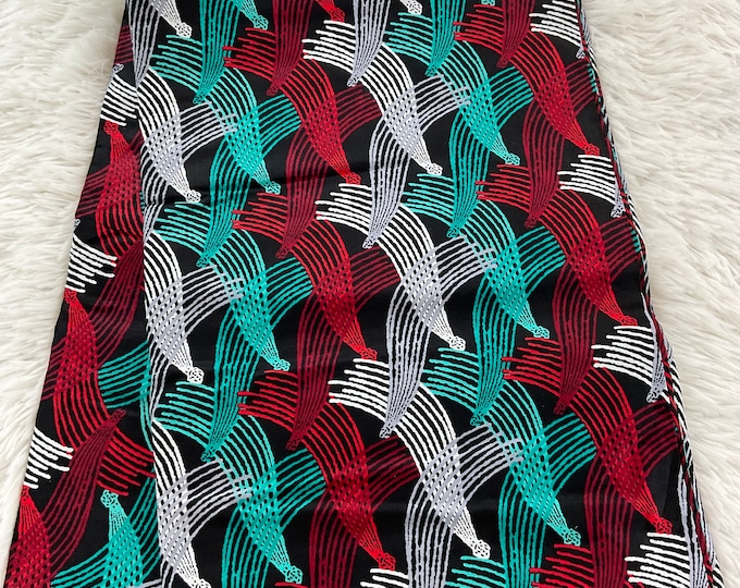 Red Green White African Wax Print Fabric with Headwrap, 6 Yards