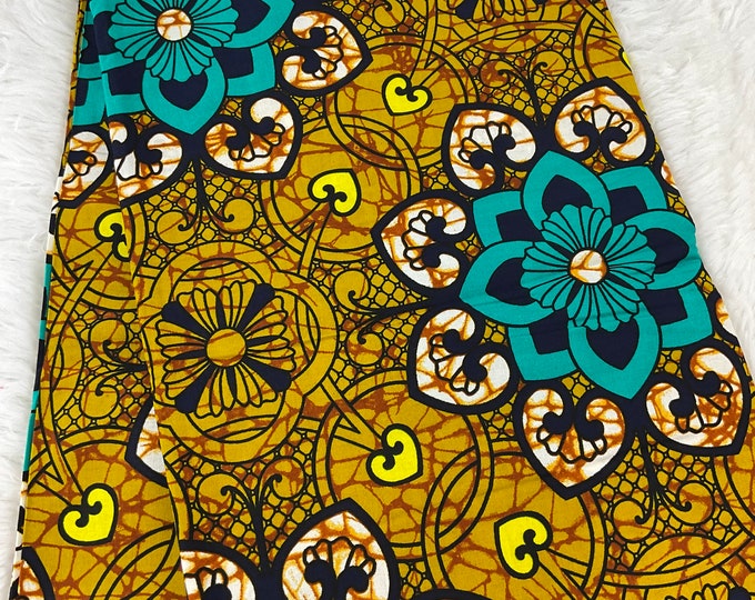 African Print Fabric - Ankara Wax - Teal & Gold Floral Cotton