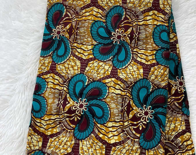 African Fabric/Ankara-Brown and Turquoise Floral Design/African Clothing/Fabric/African Decor/Wax Fabric/FG88s/By The Yard