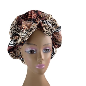 Satin Hair Bonnet With Elastic and Stretch Ties-Perfect For all Hair Types/Double Layer Satin Lined For Natural Kinky and Curly Hair