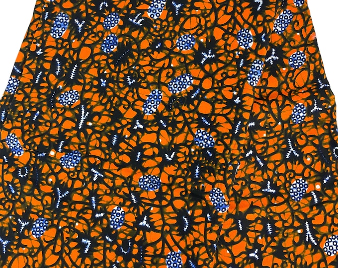 Orange African Print Fabric - 6 Yards Cotton Hollandais with Headwrap