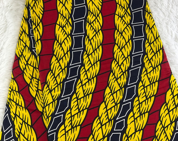 Red African Ankara Fabric, 6 Yards with Headwrap, Cotton Wax Print