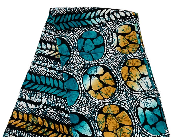 Teal White Brown African Print Fabric – 100% Cotton Wax Cloth (6 Yards)