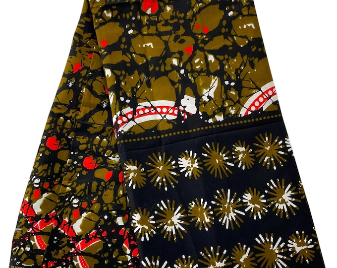 African Ankara Fabric, Olive Green Orange Patchwork Wax Print, 6 Yards Cotton Fabric