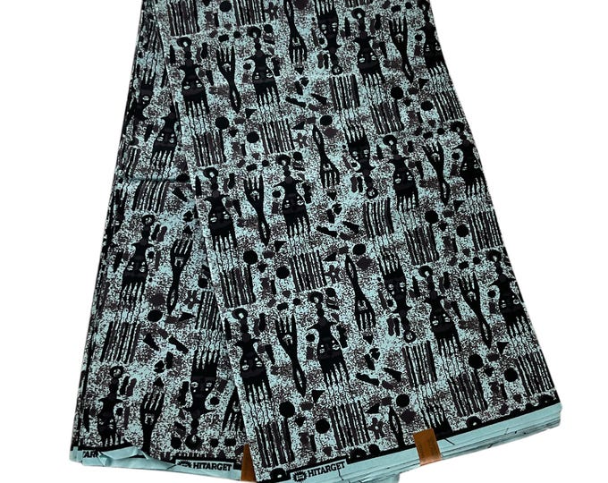 Blue & Black African Print Fabric, 6 Yards with Headwrap