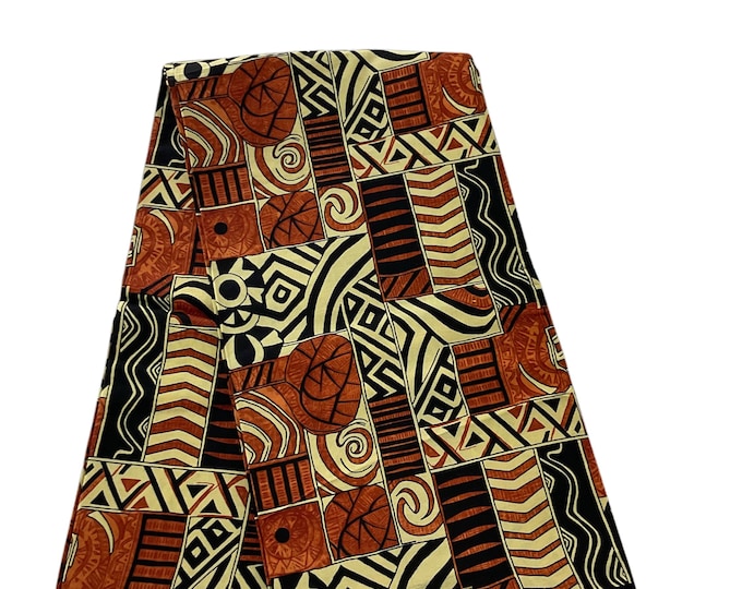 African Ankara Fabric,Brown Black Beige Wax Print, 6 Yards