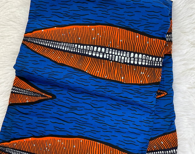 Blue and Orange African Print Fabric/Ankara Fabric 6 Yards With Headwrap/By The Yard/FG18