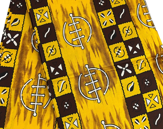 Brown and Yellow Ankara Fabric: African Wax Print, 6 Yards and Headwrap