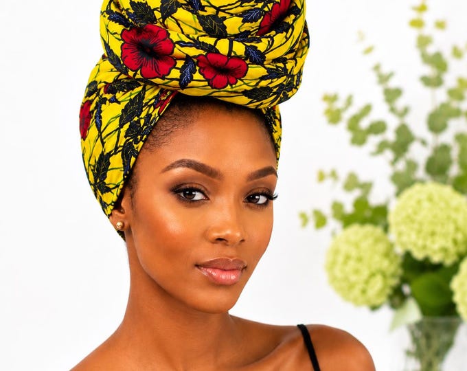 Yellow Red Black  African Print Headwrap,African Headwrap 22 x 72 Inches, Ankara Head Wrap for Women, African Print Hair Scarf, Long Cott
