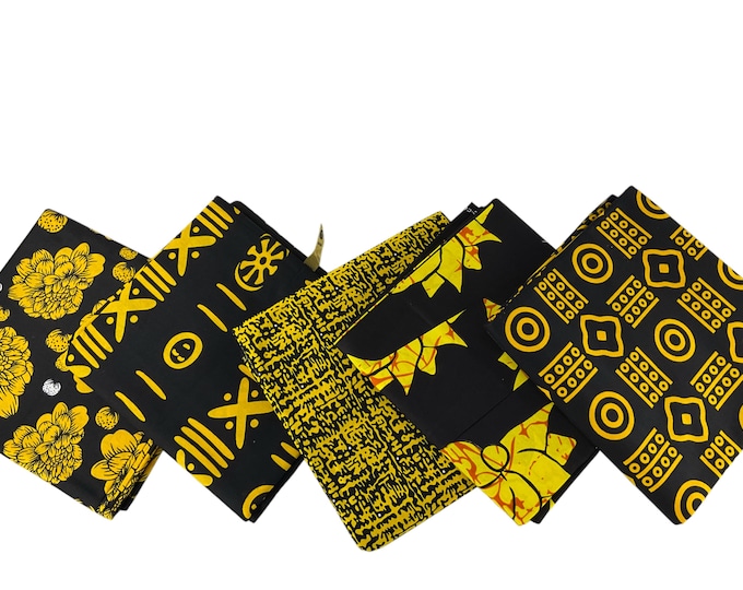Black Yellow Ankara Fat Quarters Set: 100% Cotton African Print Fabric for Quilting