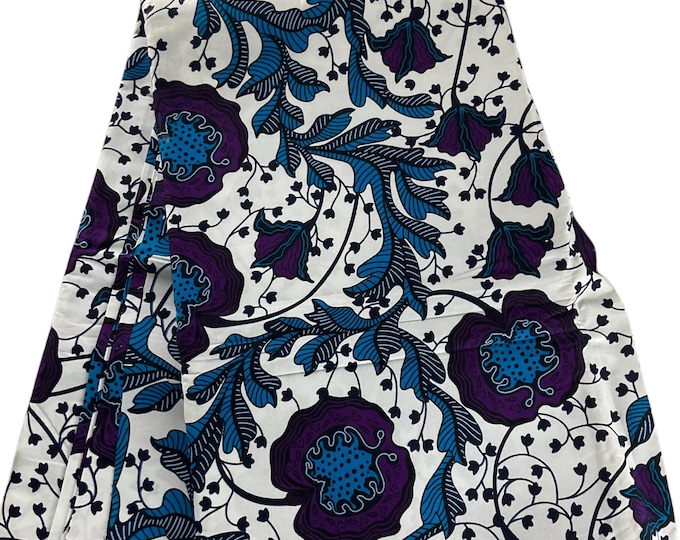 100% Cotton African Print Fabric: White, Blue, Purple Ankara for Quilting, Clothing, Home Decoration