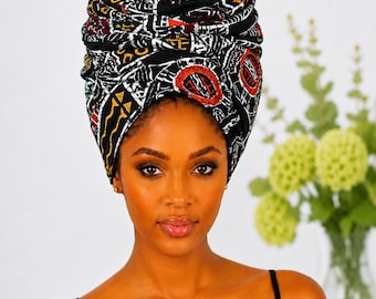 Black Tribal  African Print Headwrap,African Headwrap 22 x 72 Inches, Ankara Head Wrap for Women, African Print Hair Scarf, Long Cott