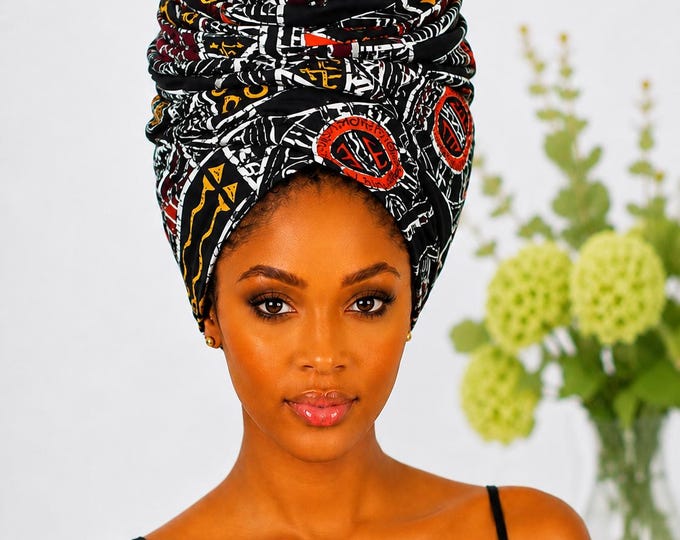 Black Tribal  African Print Headwrap,African Headwrap 22 x 72 Inches, Ankara Head Wrap for Women, African Print Hair Scarf, Long Cott