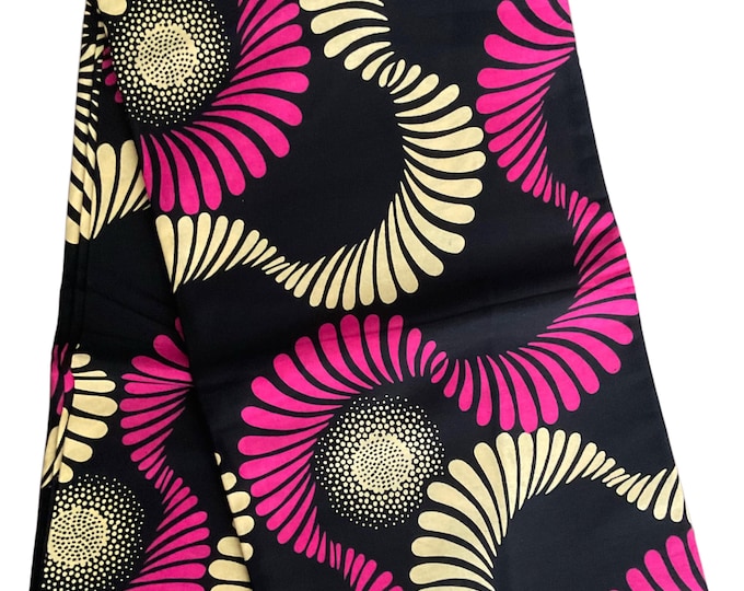 Black Pink Cream Ankara Fabric: African Print Cotton, 6 Yards with Headwrap