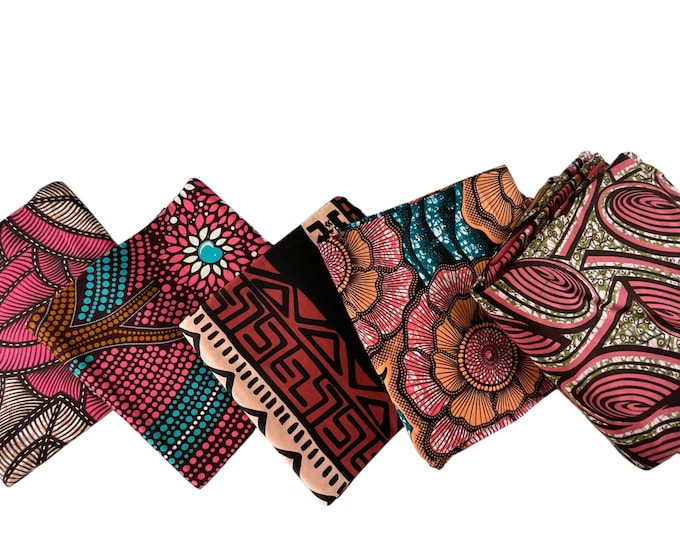 Rose Pink Black African Print Fat Quarters 5 Pieces/Ankara Fat Quarters Set Of 5/Quilting Fat Quarters