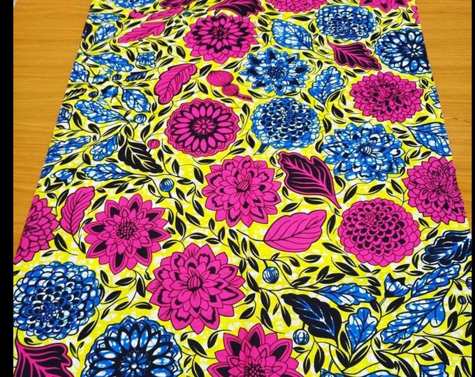 Floral African Print Fabric: Pink, Yellow, Blue Cotton Ankara - 6 Yards & Headwrap