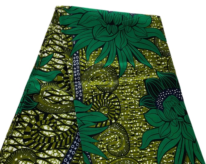Green Black African Print Fabric: 100% Cotton, 45" Wide, Ankara Crafts, Clothing, Quilts