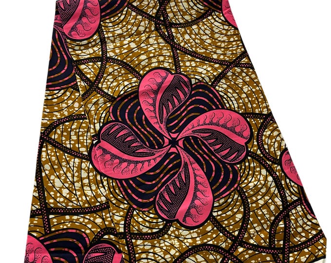 100% Cotton African Print Fabric, Ankara Peach Brown White Design, Tribal Native Cloth