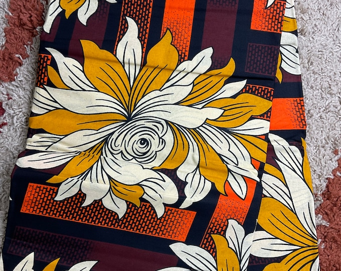 Floral African Print Fabric, Brown, Yellow, Orange, 6 Yards with Headwrap