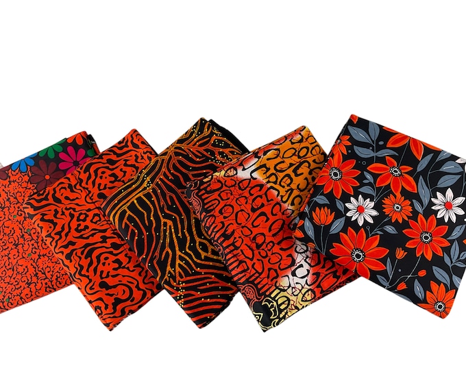 Orange Black African Print Fat Quarters/African Print Fat Quarters 5 Pieces/Ankara Fat Quarters Set Of 5/Quilting Fat Quarters