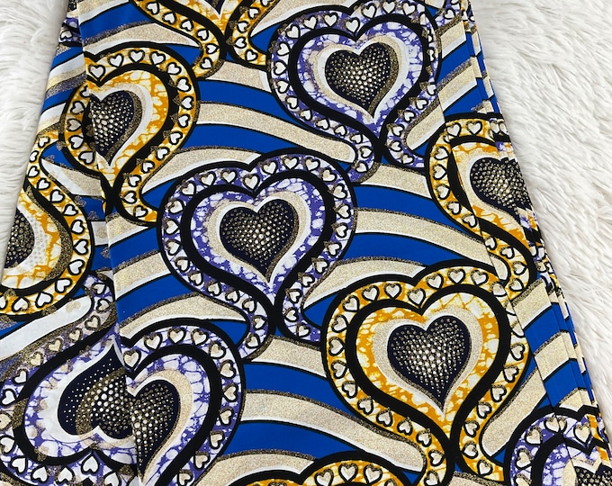 African Fabric/African Print Fabric/Ankara-Gold,Silver,Blue Hearts Design/African Clothing/Gift For Her/African Fabric By The Yard/Wax/CK450