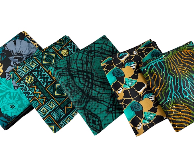 Teal Black African Print Fat Quarters 5 Pieces/Ankara Fat Quarters Set Of 5/Quilting Fat Quarters