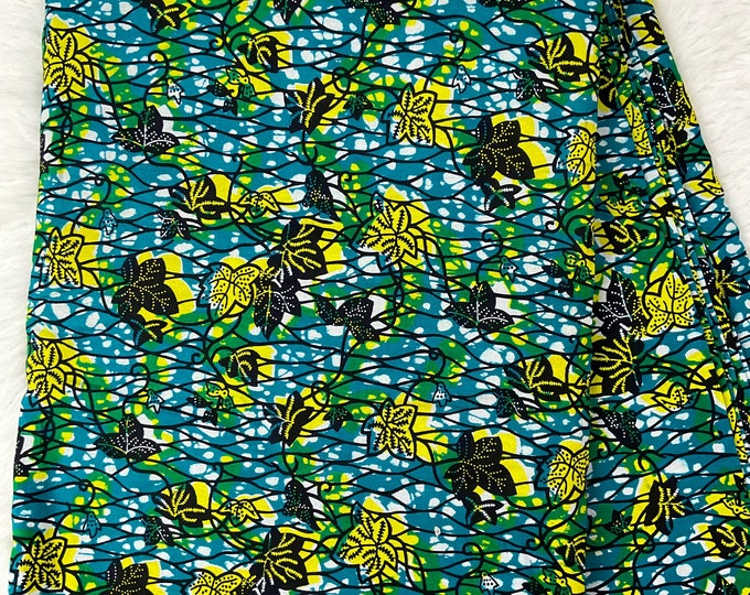 Green Leaf African Print Fabric, 6 Yards with Headwrap