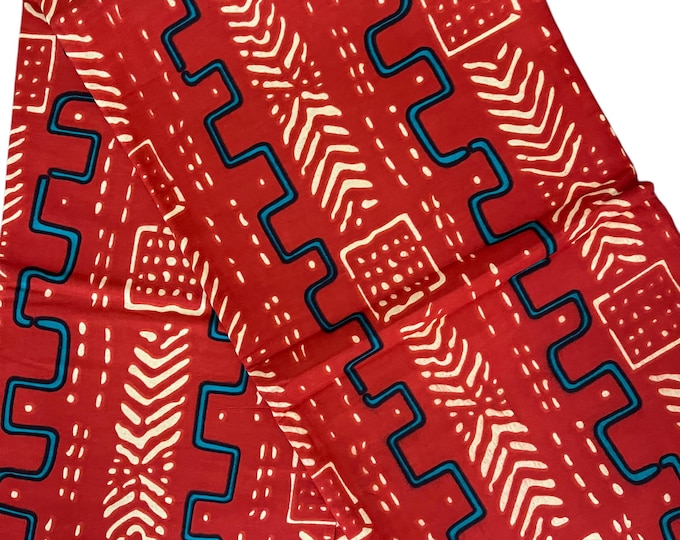 Red & Blue Ankara Fabric: African Print Cotton, 6 Yards with Headwrap