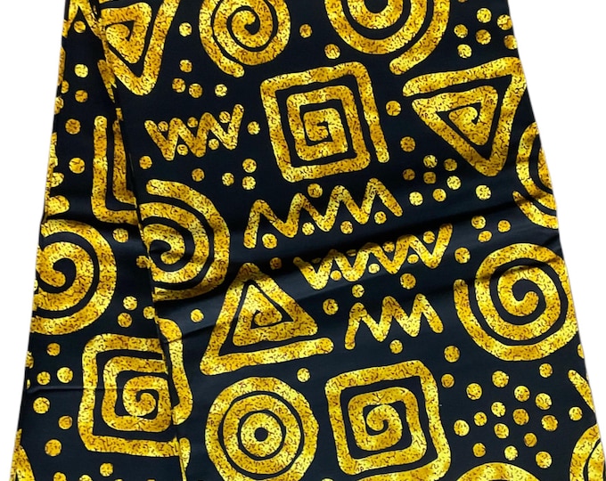 Black and Gold African Print Fabric - 6 Yards Cotton Ankara, Headwrap