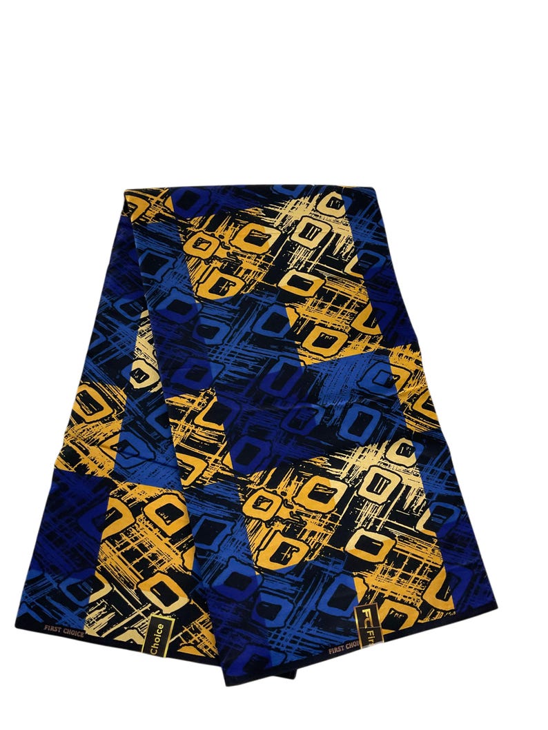 May include: A folded piece of fabric featuring a geometric pattern of blue and yellow squares and rectangles. The design includes dark blue, light blue, and golden yellow hues with a textured, brushstroke-like background. The text FIRST CHOICE is visible.