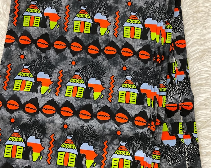 Orange & Black African Print Fabric, 6 Yards with Headwrap