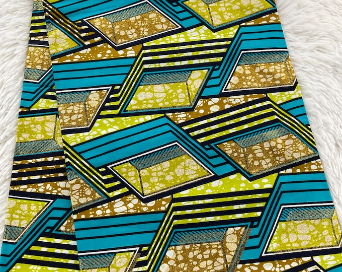 Blue & Gold Geometric African Ankara Fabric, 6 Yards with Headwrap
