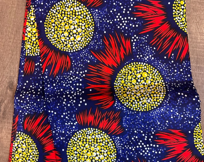 Blue Floral Ankara Fabric: 6 Yards, Cotton African Print with Headwrap
