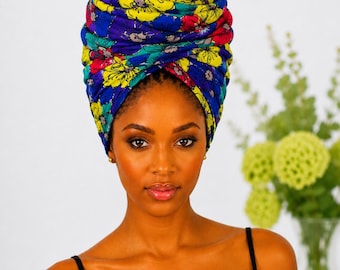 Yellow Blue African Print Headwrap,African Headwrap 22 x 72 Inches, Ankara Head Wrap for Women, African Print Hair Scarf, Long Cott