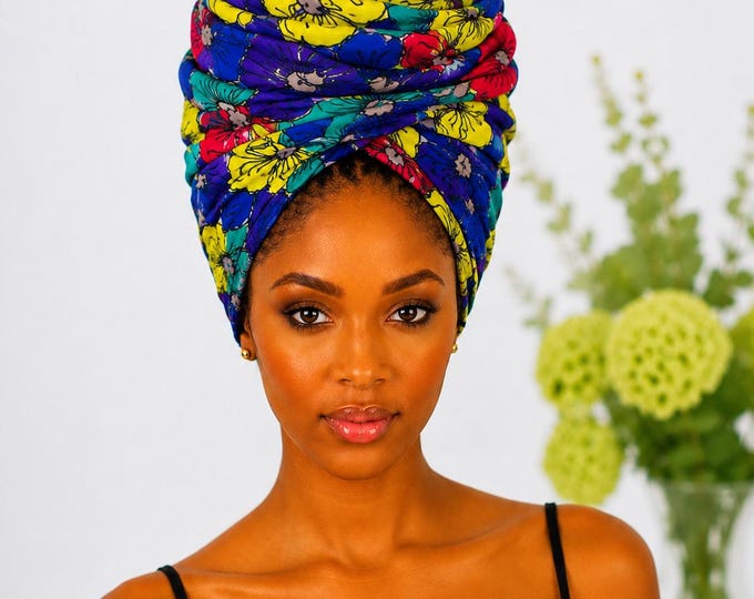 Yellow Blue African Print Headwrap,African Headwrap 22 x 72 Inches, Ankara Head Wrap for Women, African Print Hair Scarf, Long Cott