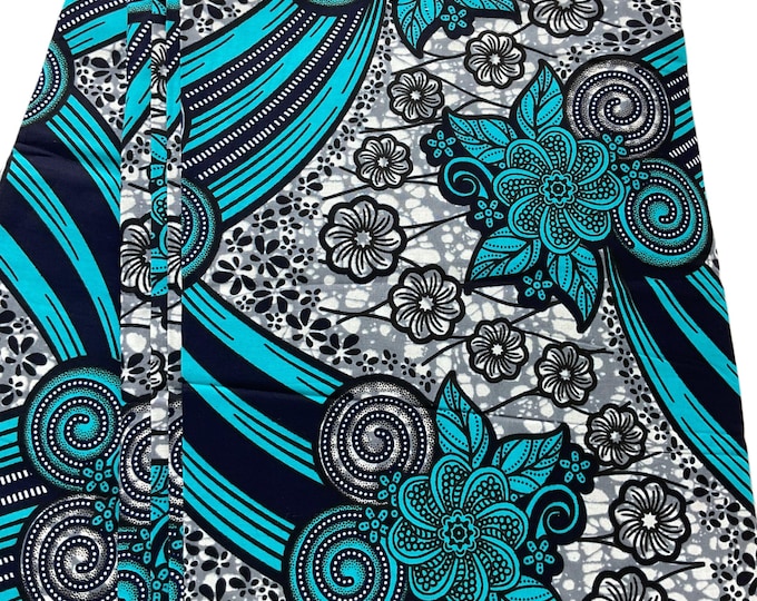 Blue Floral Ankara Fabric, African Wax Print, Headwrap, 6 Yards