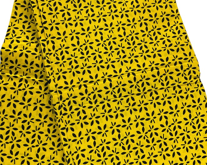 Yellow & Black African Wax Print Fabric: 6 Yards Cotton Ankara with Headwrap