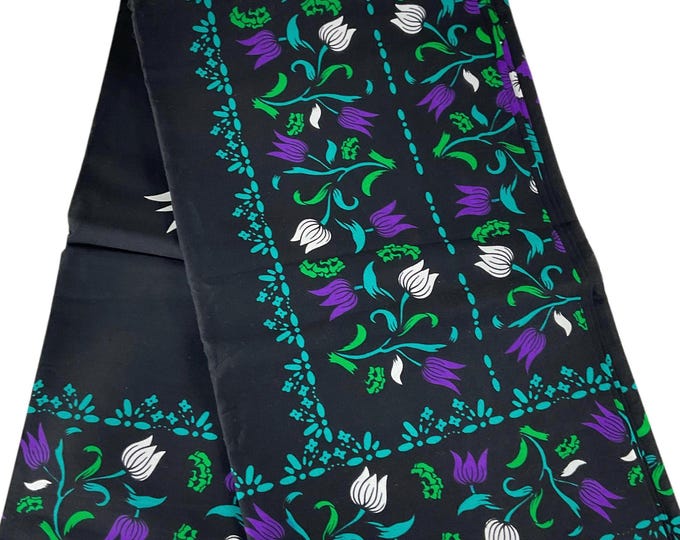 Black Purple Floral Ankara Fabric: 6 Yards Cotton African Print with Headwrap