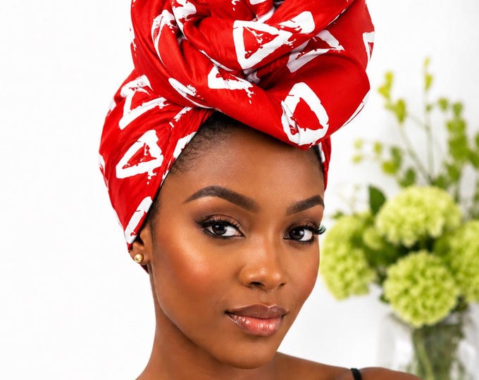 Red White African Print Headwrap,African Headwrap 22 x 72 Inches, Ankara Head Wrap for Women, African Print Hair Scarf, Long Cott