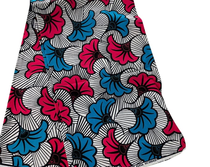 African Ankara Fabric, Pink Clear Blue Wax Print, By The Yard
