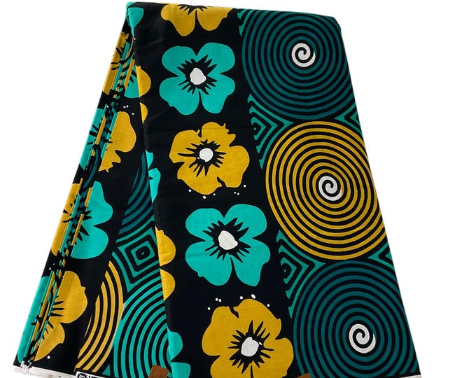 Teal Gold African Print Fabric: 100% Cotton Ankara 6 Yards, Floral Circles Quilting Material